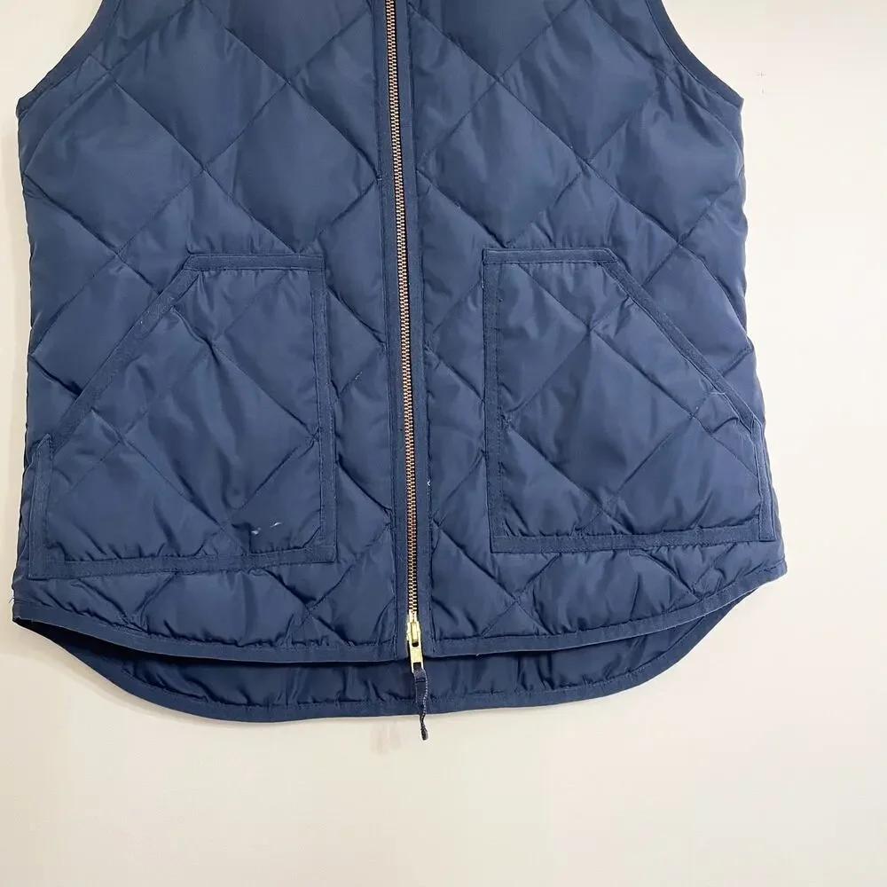 J Crew Women's Quilted Down Vest Sz S Navy Blue Full Zip‎ Pockets Basic Outdoor